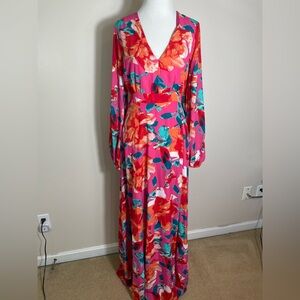 Lulus Floral Long Sleeve Maxi Dress w/ front slit - Pink and Red
